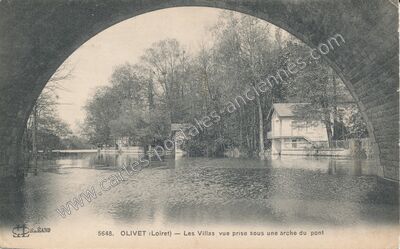 Carte postale ancienne Les Villas vue prise sous une arche du pont — Olivet (Loiret)