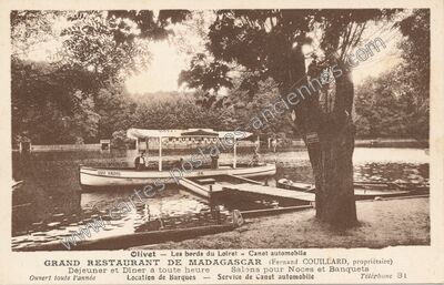 Carte postale ancienne Les bords du Loiret - Canot automobile GRAND RESTAURANT DE MADAGASCAR — Olivet (Loiret)