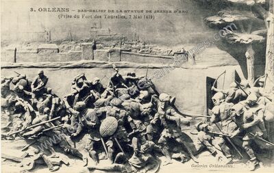 Carte postale ancienne Bas-relief de la statue de Jeanne d'Arc (Prise du Fort des Tourelles, 7 Mai 1429) — Orléans (Loiret)