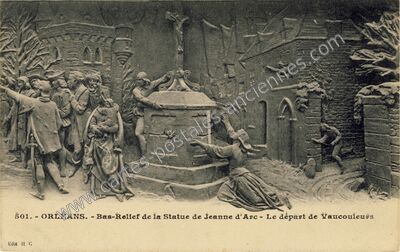 Carte postale ancienne Bas-Relief de la Statue de Jeanne d'Arc - Le départ de Vaucouleurs — Orléans (Loiret)