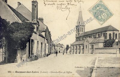 Carte postale ancienne Grande-Rue et Eglise — Ouzouer-sur-Loire (Loiret)