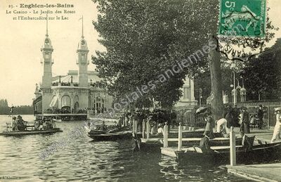 Carte postale ancienne Le Casino - Le Jardin des Roses et l'Embarcadère sur le Lac — Enghien-les-Bains (Val-d'Oise)
