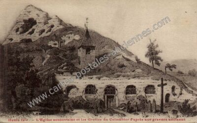 Carte postale ancienne L'Eglise souterraine et les Grottes du Colombier d'après une gravure ancienne — Haute-Isle (Val-d'Oise)