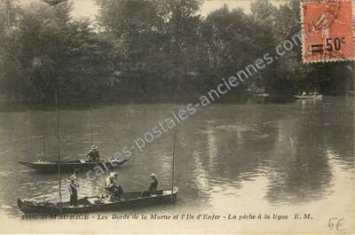 Carte postale ancienne Les Bords de la Marne et l'Ile d'Enfer - La pèche à la ligne — Saint-Maurice (Val-de-Marne)