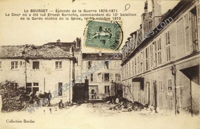 Carte postale ancienne Épisode de la Guerre 1870-1871 La Cour où a été tué Ernest Baroche — Le Bourget (Seine-Saint-Denis)