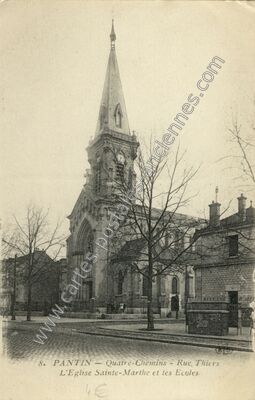 Carte postale ancienne L'Eglise Sainte-Marthe et les Ecoles — Pantin (Seine-Saint-Denis)