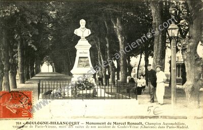 Carte postale ancienne Monument de Marcel Renault, Champion Automobiliste, vainqueur de Paris-Vienne — Boulogne-Billancourt (Hauts-de-Seine)