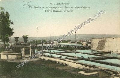 Carte postale ancienne Les Bassins de la Compagnie des Eaux au Mont-Valérien Filtres dégrossisseur Puech — Suresnes (Hauts-de-Seine)