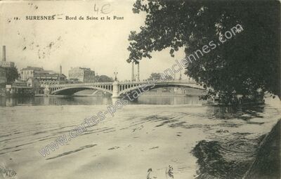 Carte postale ancienne Bord de Seine et le Pont — Suresnes (Hauts-de-Seine)
