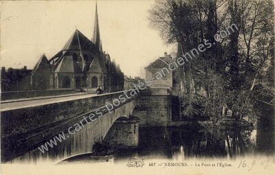 Carte postale ancienne Le Pont et l'Église — Nemours (Seine-et-Marne)