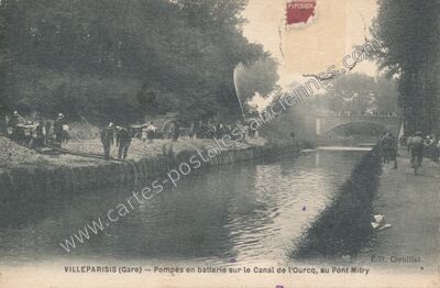 Carte postale ancienne Pompes en batterie sur le Canal de l'Ourcq, au Pont Mitry — Villeparisis (Seine-et-Marne)