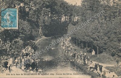 Carte postale ancienne Fête de la Gare du 14 Juillet 1924 - Course des 600 m. Concours de Natation — Villeparisis (Seine-et-Marne)