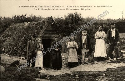 Carte postale ancienne Villa de la Belledèche et ses habitants / La Philosophie Moderne — Un nouveau Diogène — Croissy-Beaubourg (Seine-et-Marne)