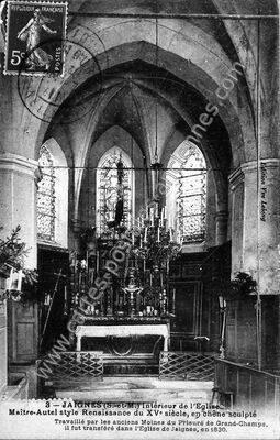 Carte postale ancienne Intérieur de l'Eglise Maître-Autel style Renaissance du XVe siècle, en chêne sculpté — Jaignes (Seine-et-Marne)
