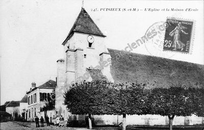 Carte postale ancienne L'Eglise et la Maison d'Ecole — Puisieux (Seine-et-Marne)