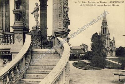 Carte postale ancienne Le Monument de Jeanne d'Arc et l'Eglise — Bonsecours (Seine-Maritime)
