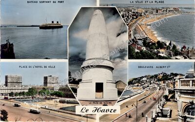 Carte postale ancienne Bateau sortant du port, La ville et la plage, Place de l'hôtel de ville — Le Havre (Seine-Maritime)