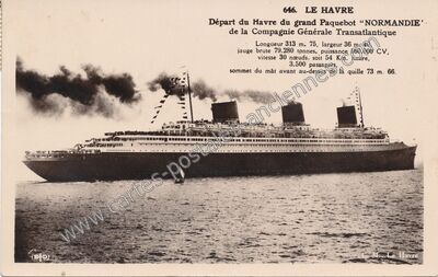 Carte postale ancienne Départ du grand Paquebot "NORMANDIE" de la Compagnie Générale Transatlantique — Le Havre (Seine-Maritime)