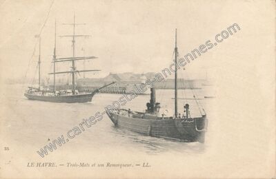 Carte postale ancienne Trois-Mats et son Remorqueur — Le Havre (Seine-Maritime)