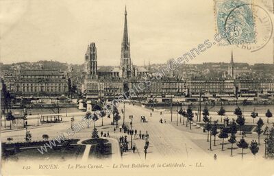 Carte postale ancienne La Place Carnot. - Le Pont Boëldieu et la Cathédrale — Rouen (Seine-Maritime)
