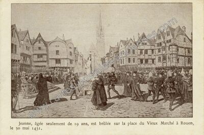 Carte postale ancienne Jeanne, âgée seulement de 19 ans, est brûlée sur la place du Vieux Marché — Rouen (Seine-Maritime)