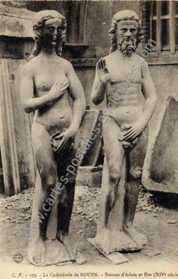 Carte postale ancienne La Cathédrale de ROUEN. - Statues d'Adam et Eve (XIVe siècle — Rouen (Seine-Maritime)