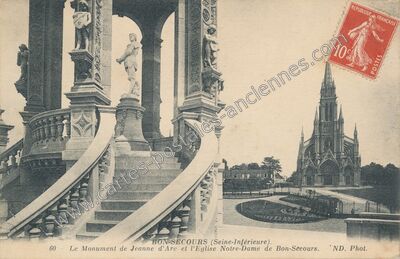 Carte postale ancienne Le Monument de Jeanne d'Arc et l'Eglise Notre-Dame — Bonsecours (Seine-Maritime)
