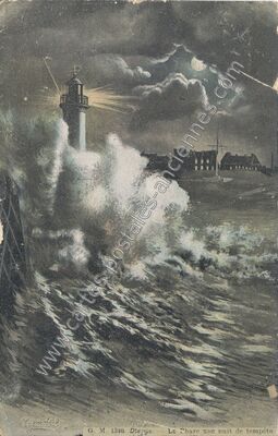 Carte postale ancienne Le Phare une nuit de tempête — Dieppe (Seine-Maritime)