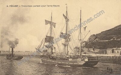 Carte postale ancienne Trois-mats partant pour Terre-Neuve — Fécamp (Seine-Maritime)