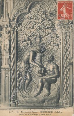 Carte postale ancienne Détail du Maître-Autel - Adam et Eve — Bonsecours (Seine-Maritime)
