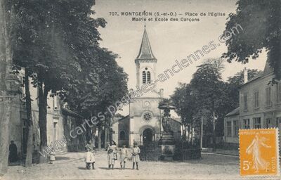Carte postale ancienne Place de l'Eglise Mairie et Ecole des Garçons — Montgeron (Essonne)