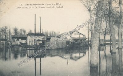 Carte postale ancienne Inondations de Janvier 1910 - La Scierie, route de Corbeil — Montgeron (Essonne)