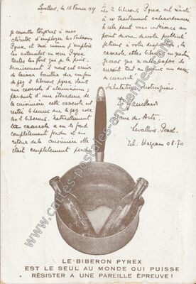 Carte postale ancienne LE BIBERON PYREX EST LE SEUL AU MONDE QUI PUISSE RÉSISTER A UNE PAREILLE ÉPREUVE ! — Montgeron (Essonne)