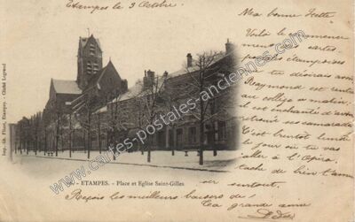 Carte postale ancienne Place et Eglise Saint-Gilles — Étampes (Essonne)