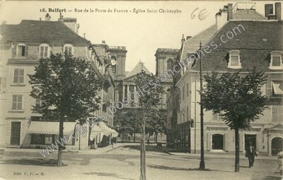 Carte postale ancienne Rue de la Porte de France - Église Saint-Christophe — Belfort (Territoire de Belfort)