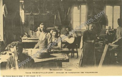 Carte postale ancienne Usine Thibouville-Lamy - Atelier de fabrication des violoncelles — Mirecourt (Vosges)