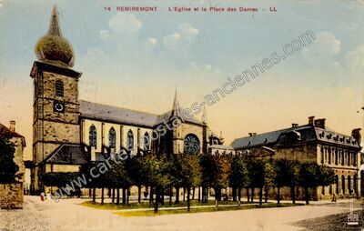Carte postale ancienne L'Eglise et la Place des Dames — Remiremont (Vosges)