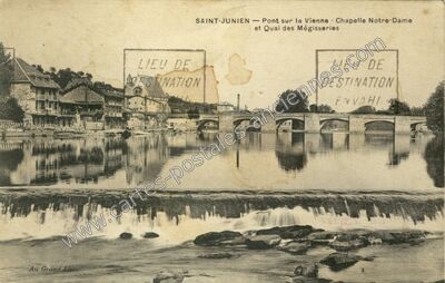 Carte postale ancienne Pont sur la Vienne : Chapelle Notre-Dame et Quai des Mégisseries — Saint-Junien (Haute-Vienne)