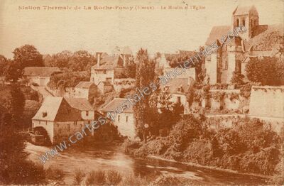 Carte postale ancienne Le Moulin et l'Eglise — La Roche-Posay (Vienne)
