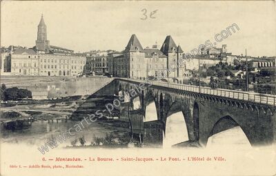 Carte postale ancienne La Bourse. - Saint-Jacques. - Le Pont. - L'Hôtel de Ville — Montauban (Tarn-et-Garonne)