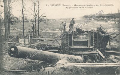 Carte postale ancienne Gros canon abandonné par les Allemands — Chuignes (Somme)