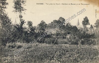 Carte postale ancienne Vue prise du Canal - Clochers de Daours et de Vecquemont — Daours (Somme)