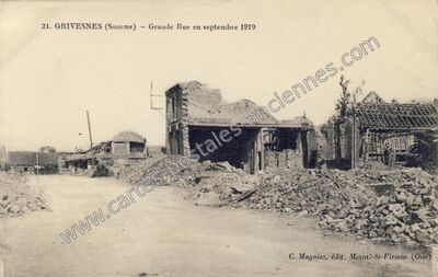Carte postale ancienne Grande Rue en septembre 1919 — Grivesnes (Somme)