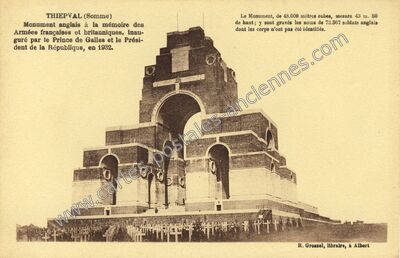 Carte postale ancienne Monument anglais à la mémoire des Armées françaises et britanniques — Thiepval (Somme)