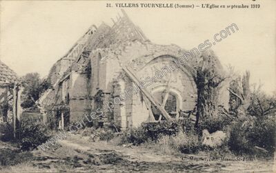 Carte postale ancienne L'Eglise en septembre 1919 — Villers-Tournelle (Somme)