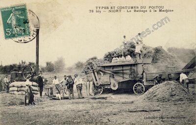 Carte postale ancienne Types et costumes du Poitou - Le Battage à la Machine — Niort (Deux-Sèvres)