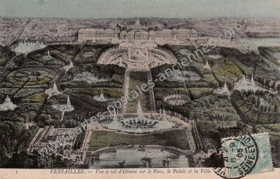 Carte postale ancienne Vue à vol d'Oiseau sur le Parc, le Palais et la Ville — Versailles (Yvelines)
