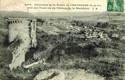 Carte postale ancienne Panorama de la Vallée pris des Tours vu du Château de la Madeleine — Chevreuse (Yvelines)