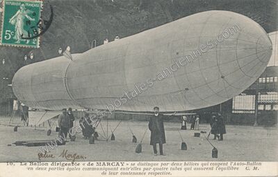 Carte postale ancienne Le Ballon dirigeable « de MARCAY » se distingue par deux hélices qui coupent… — Dirigeable — Aviation