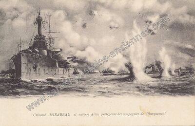 Carte postale ancienne Cuirassé MIRABEAU et navires Alliés protégeant des compagnies de débarquement — Cuirasse Mirabeau — Bateau